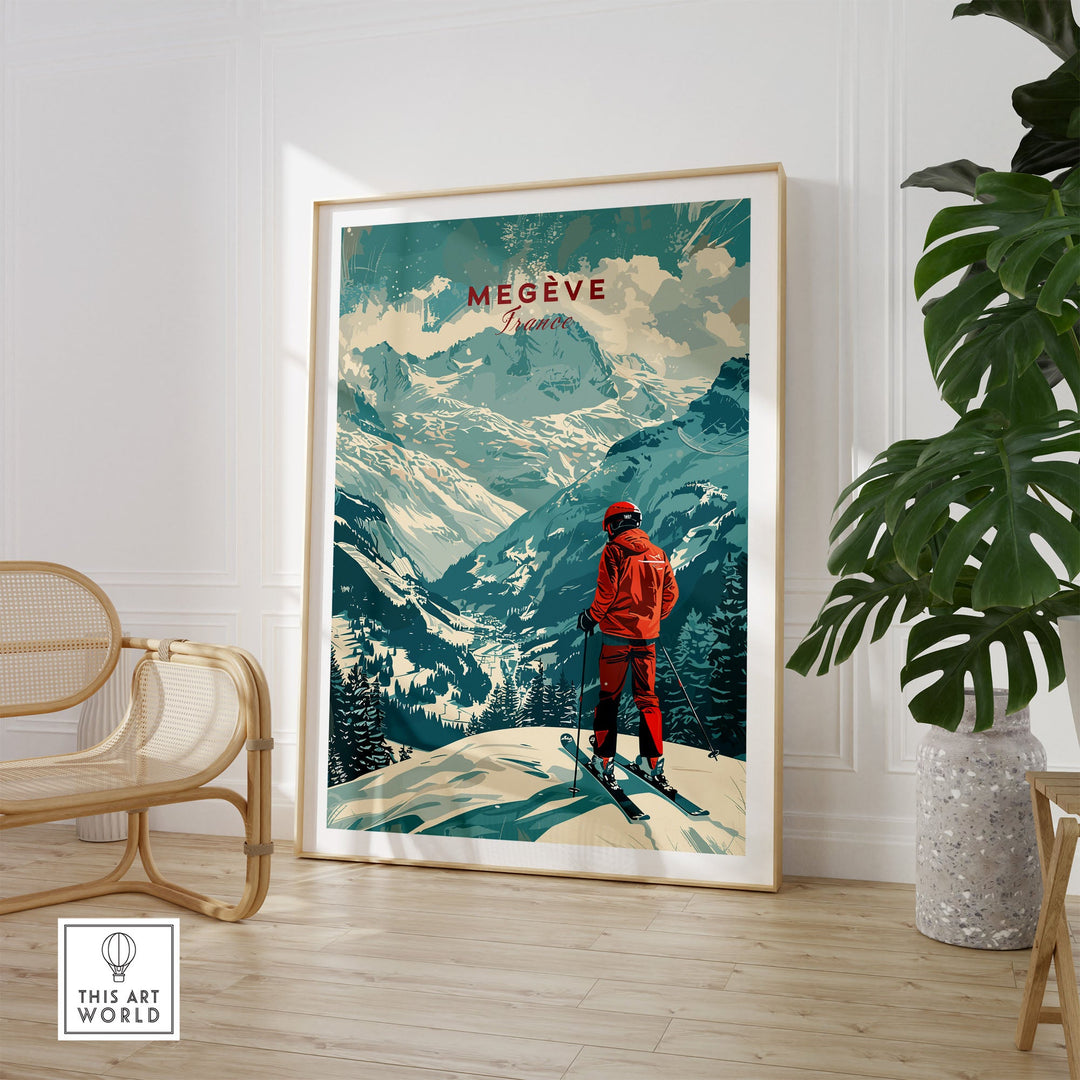 Vintage Megève Ski Poster - France, featuring skier overlooking scenic mountain landscape. Ideal for ski enthusiasts and art lovers.