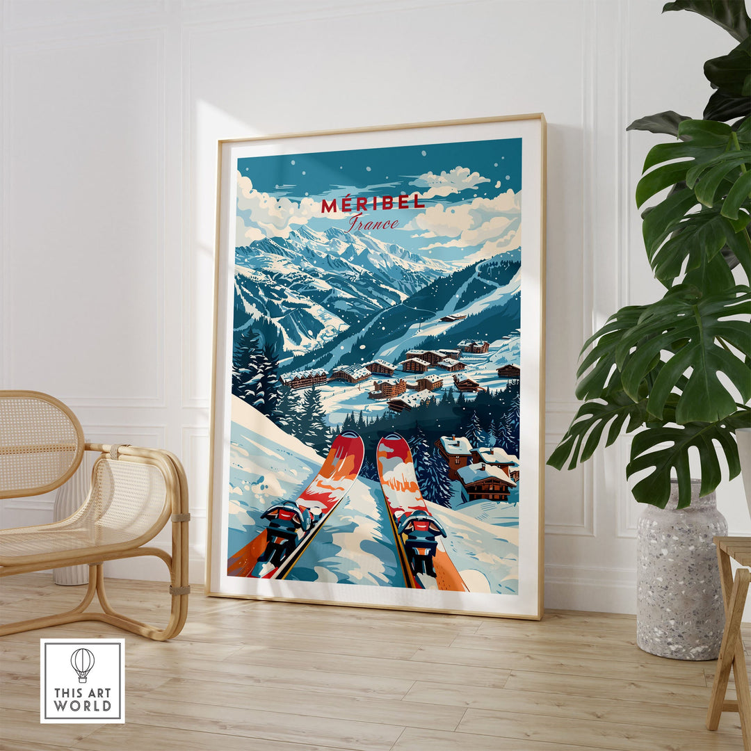 Vintage Megève ski poster featuring snowy mountains and skis, set in a modern interior, capturing the spirit of France's ski resorts.