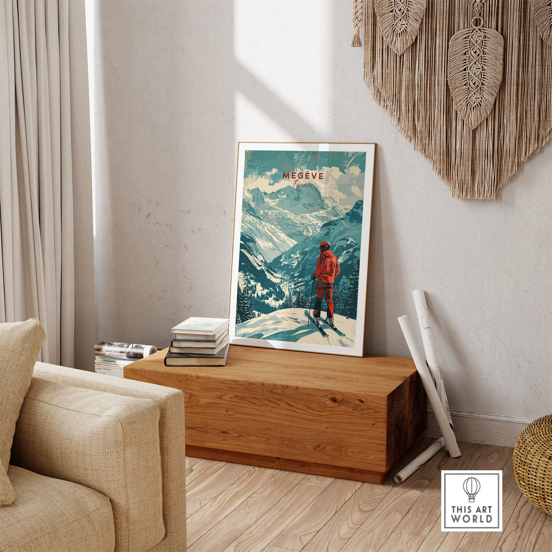 Artistic Megève Ski Poster in a cozy room setting, showcasing a skier with a stunning French Alps backdrop for home decoration.