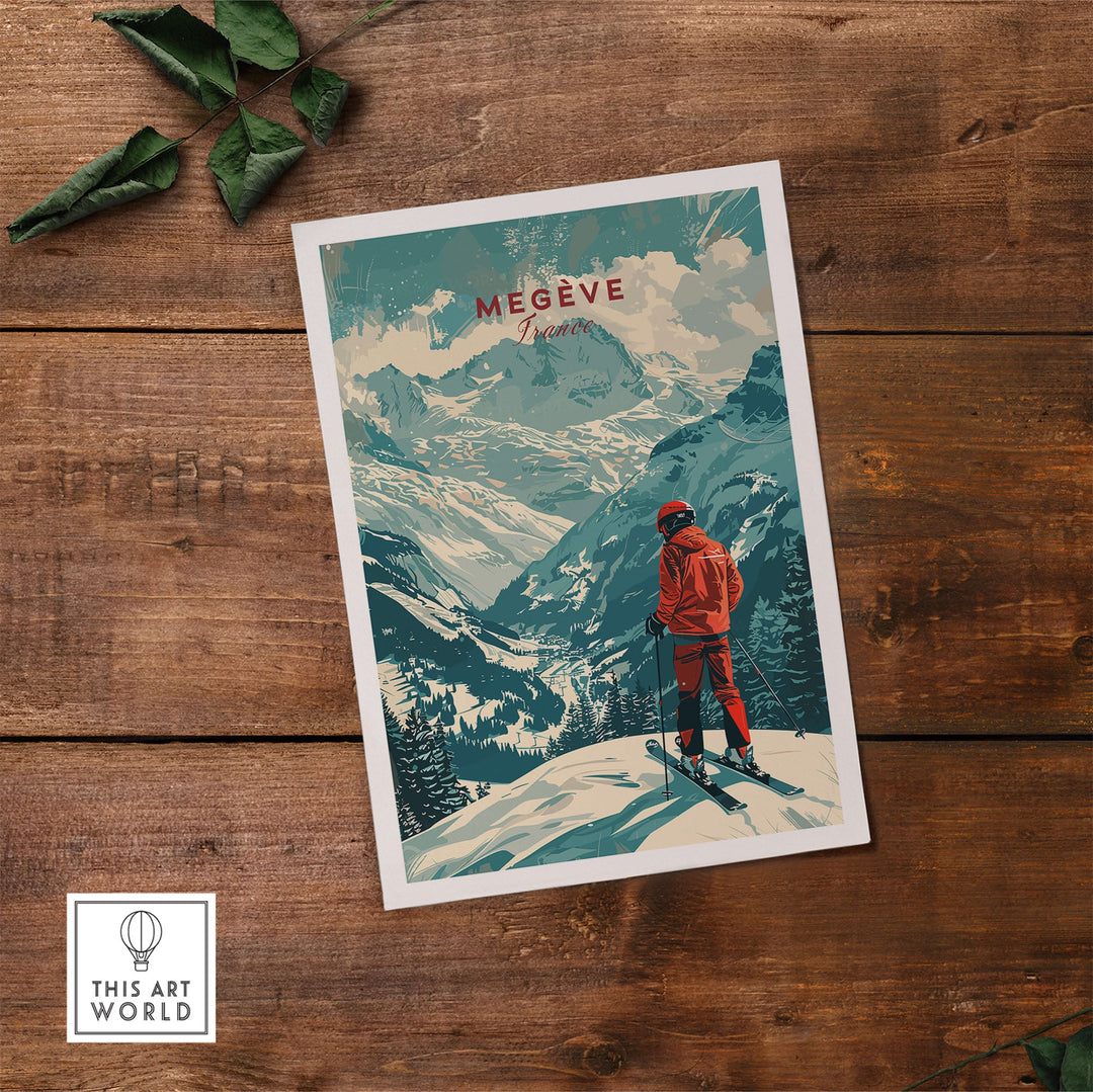 Vintage Megève Ski Poster featuring a skier in red against snowy mountains in France, perfect winter sports decor.