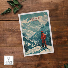 Vintage Megève Ski Poster featuring a skier in red against snowy mountains in France, perfect winter sports decor.