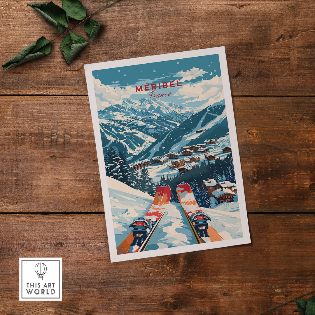 Vintage Meribel Ski Poster on Wooden Surface, Showcasing Snowy Mountain Scenery in France.