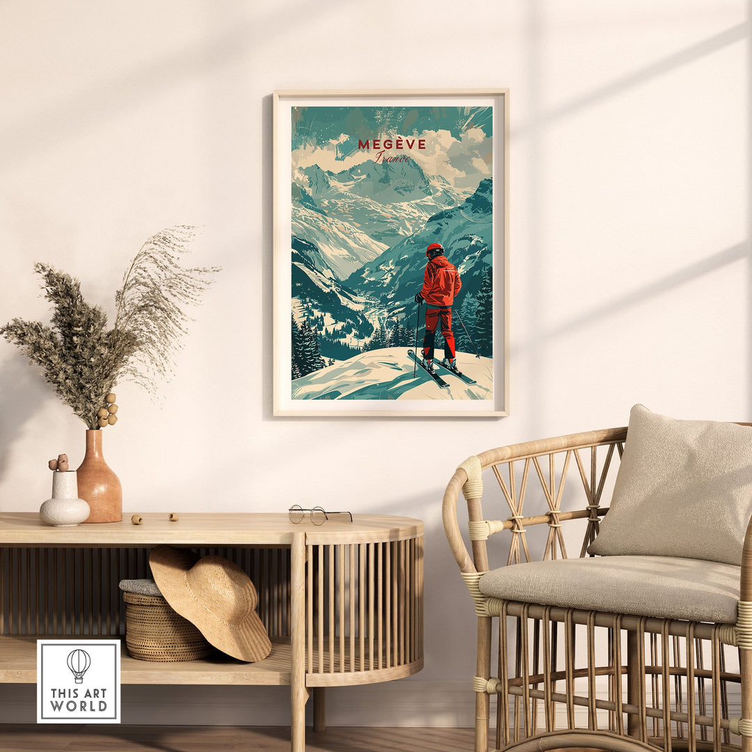 Vintage Megève Ski Poster of France in modern living room with wicker chair and decor, ideal for ski enthusiasts' decor.