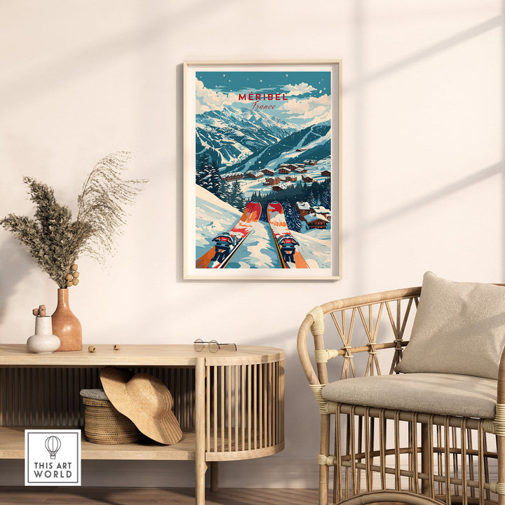 Vintage Megève ski poster in cozy living room setting, showcasing snowy French Alps and skiers, perfect for winter sports enthusiasts.