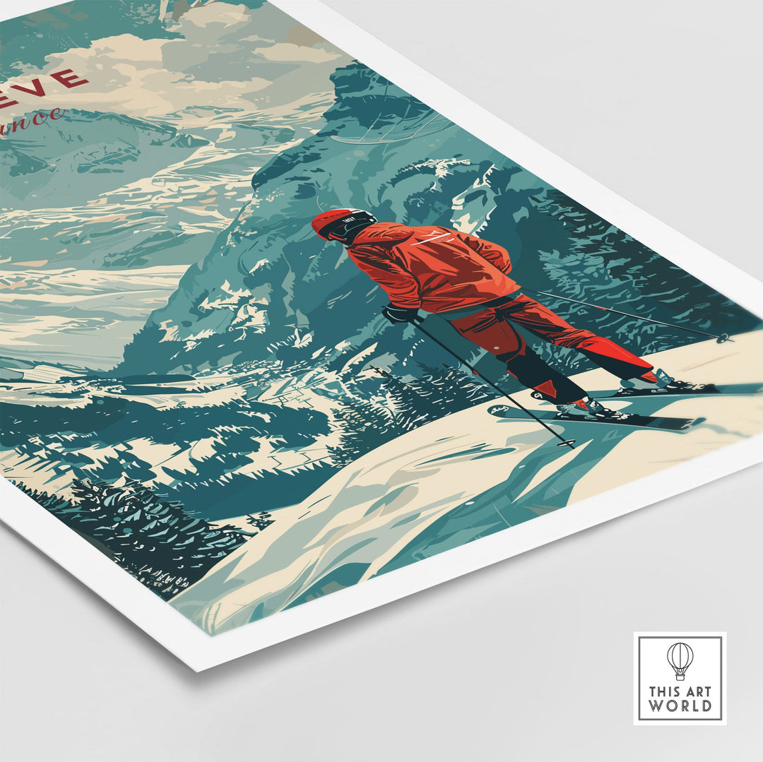 Vintage Megève Ski Poster featuring a skier on a snowy mountain in France, showcasing scenic alpine landscapes and wintry charm.