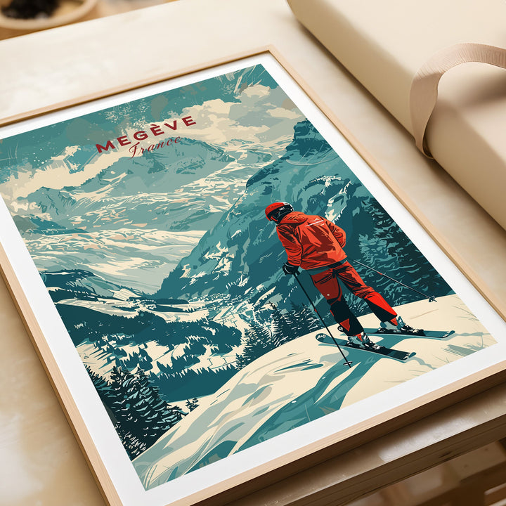 Vintage Megève Ski Poster featuring a skier overlooking snowy French Alps, ideal for decorating ski lodges and mountain retreats.