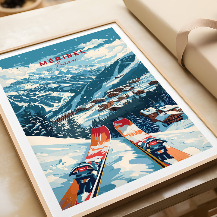 Vintage ski poster of Méribel, France depicting snowy mountains and cozy alpine village with skis in foreground. Perfect for winter sports fans.