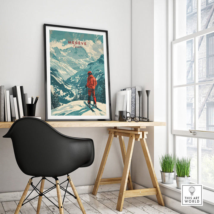 Vintage Megève Ski Poster in modern room, showcasing French Alps scenery, perfect for ski enthusiasts and art collectors.