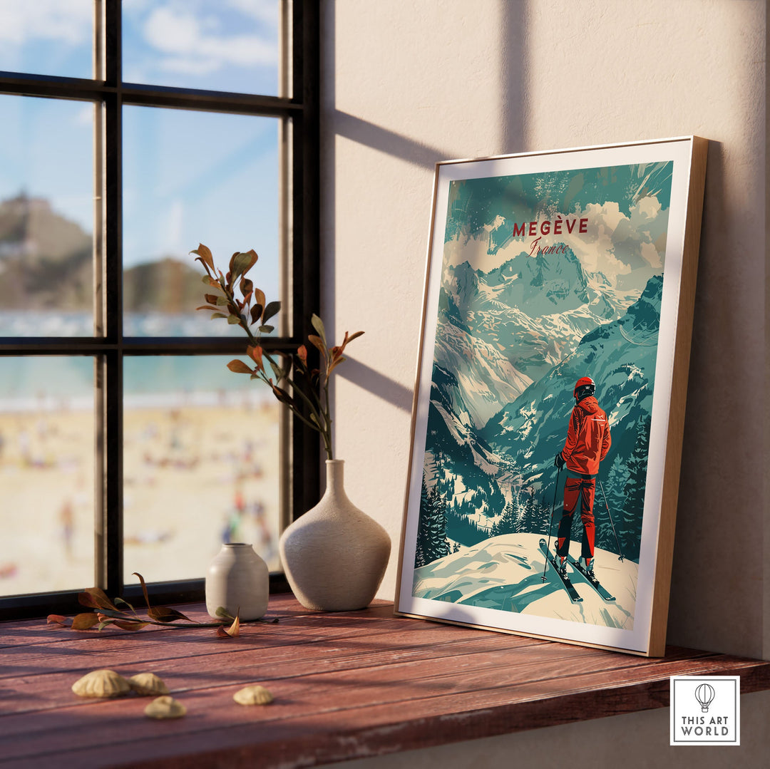 Framed Megève Ski Poster from France displayed on a sunlit windowsill with scenic mountain view.