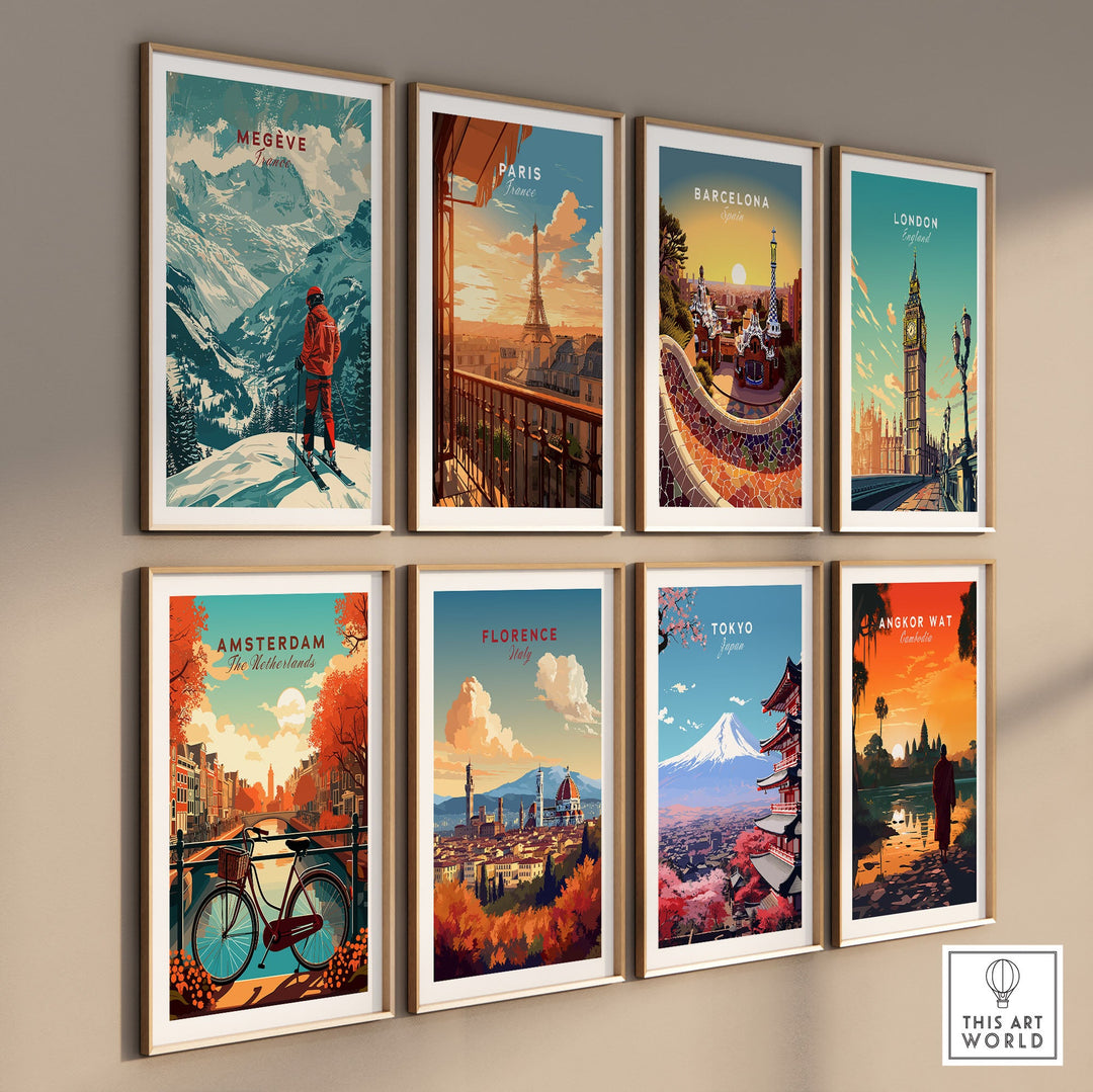 Collection of travel-themed posters including a Megève ski poster, featuring iconic cityscapes from Paris, Barcelona, and more.