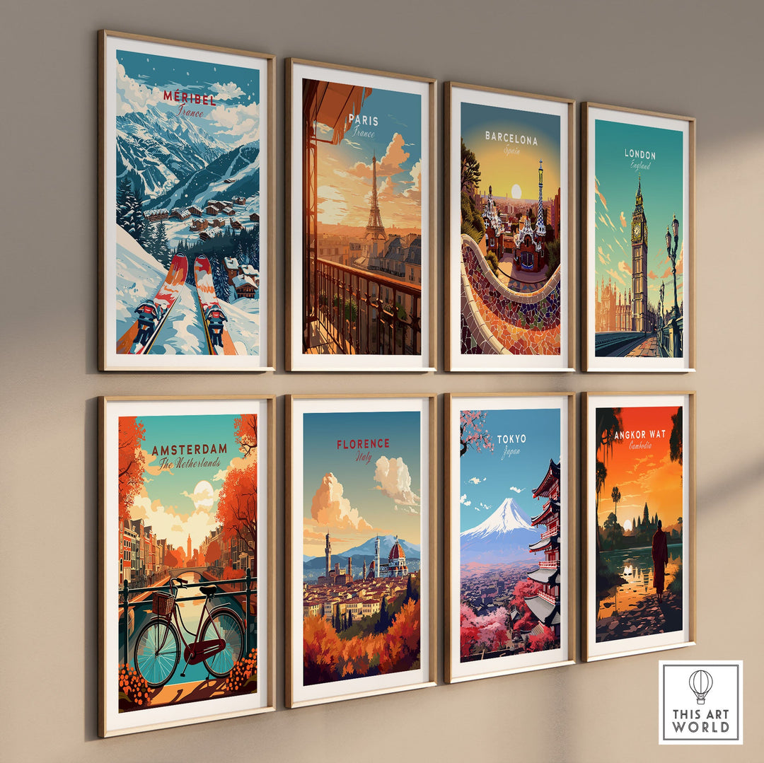 Gallery wall featuring ski poster of Megève, France, alongside cityscape art of Paris, Barcelona, London, Amsterdam, Florence, Tokyo, and Angkor Wat.