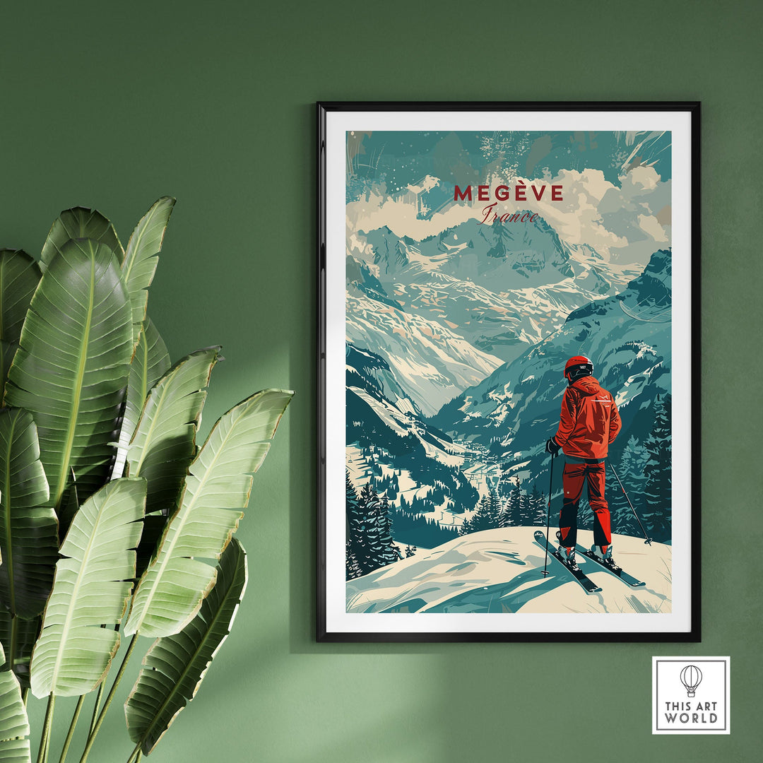 Vintage Megève Ski Poster featuring a skier in red with snowy French Alps background, framed and displayed on a green wall.