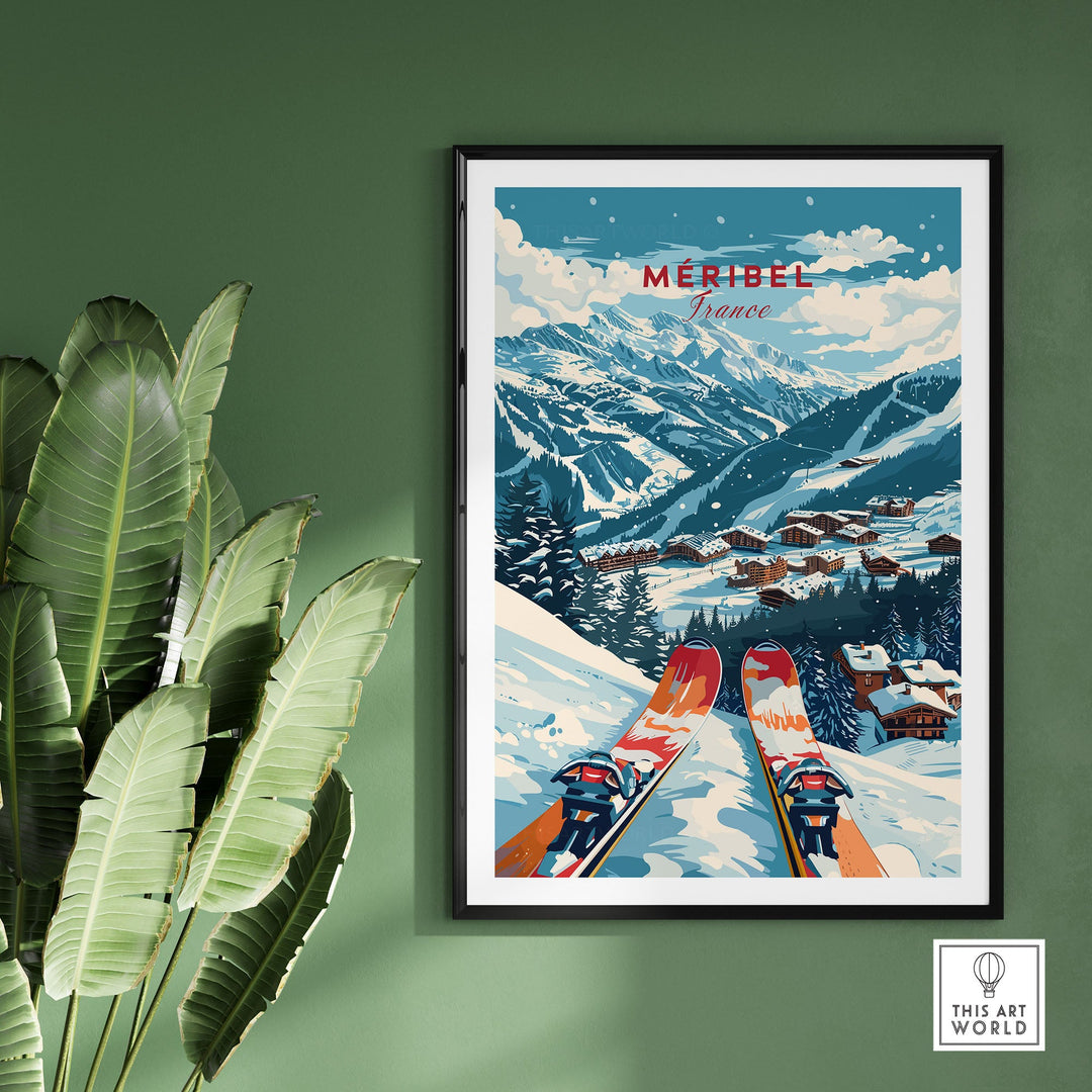 Retro Méribel ski poster featuring snowy French Alps and vibrant landscape, styled in a black frame against a green wall.