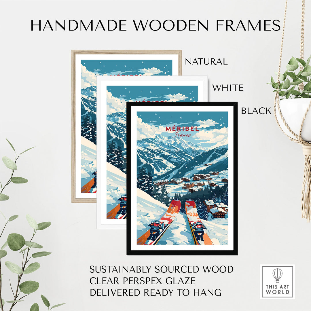 Handmade wooden frames featuring Meribel France ski poster in natural, white, and black. Eco-friendly materials and ready to hang.