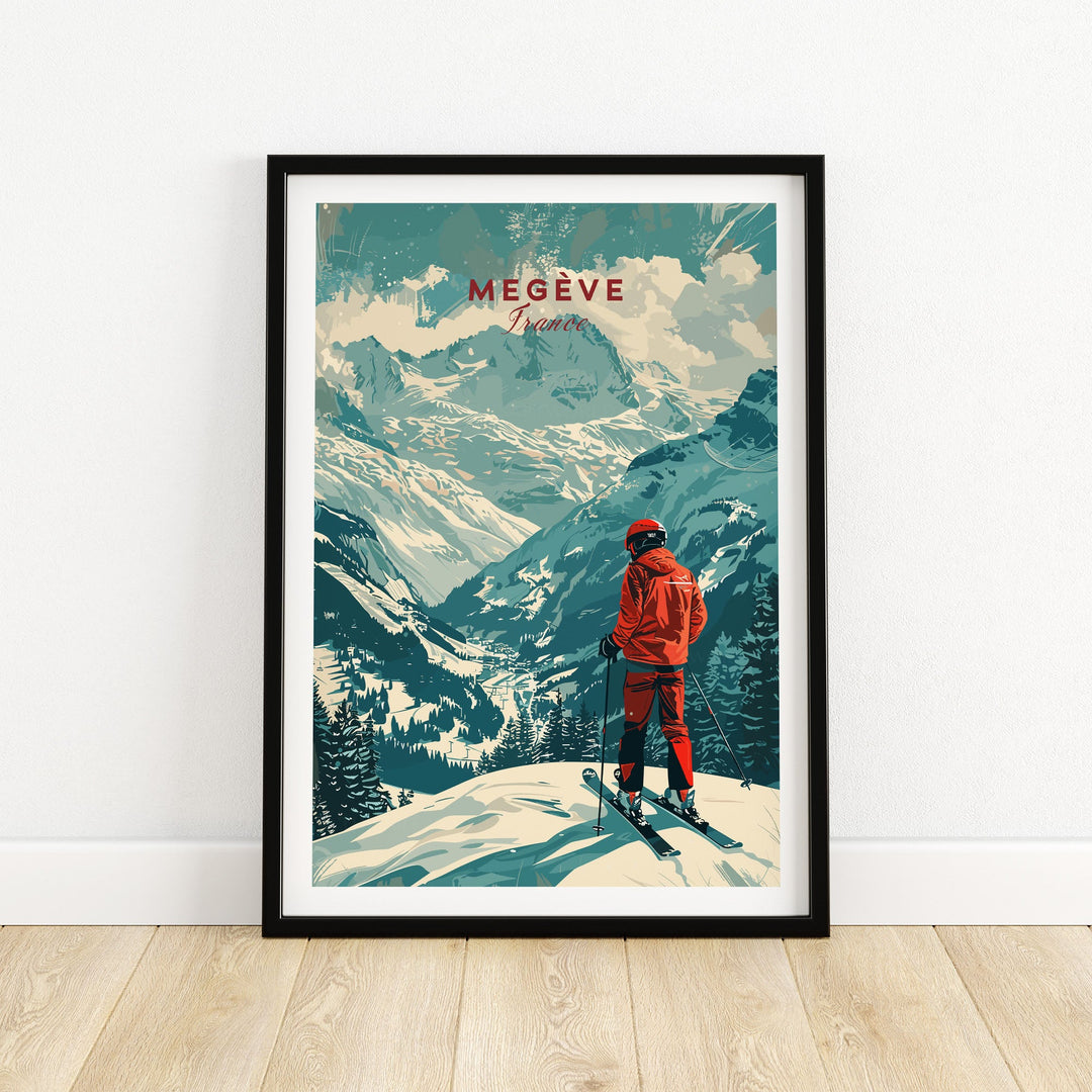 Vintage Megève Ski Poster featuring a skier in red against a snowy mountain backdrop in France.