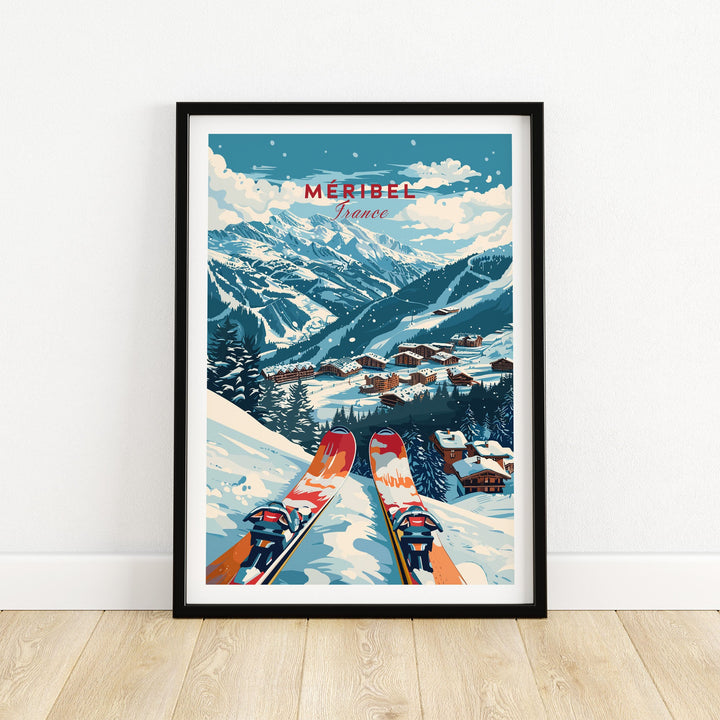 Vintage Méribel France ski poster featuring colorful skis and snow-covered mountains, showcasing a classic winter landscape.