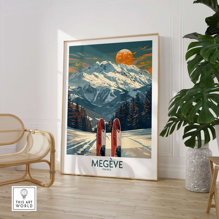 Megève Ski Print featuring red skis against a snowy mountain backdrop, capturing the essence of the French Alps.