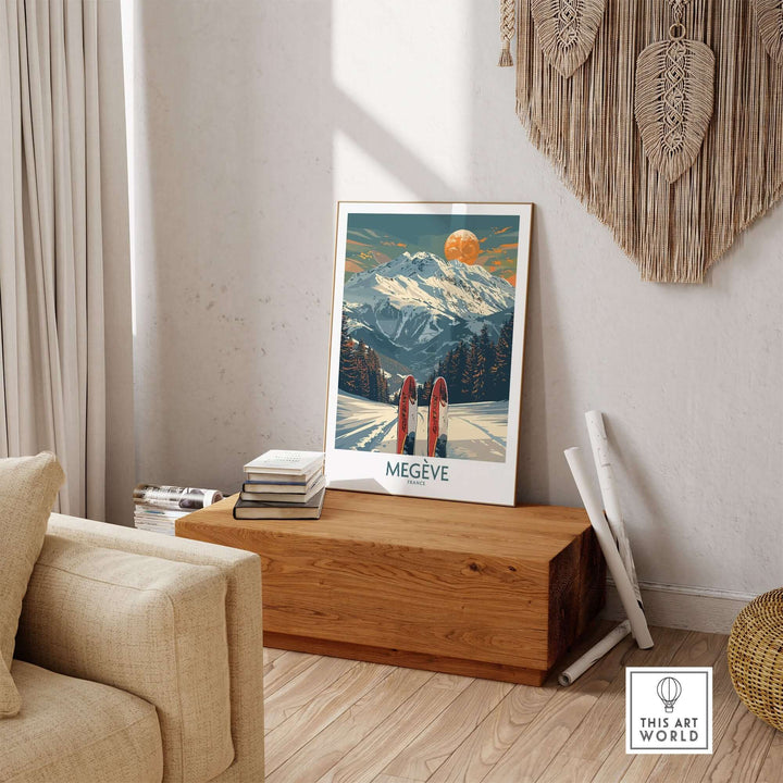 Megève ski print showcasing snowy mountains and vibrant sunset, displayed in a cozy living room setting.