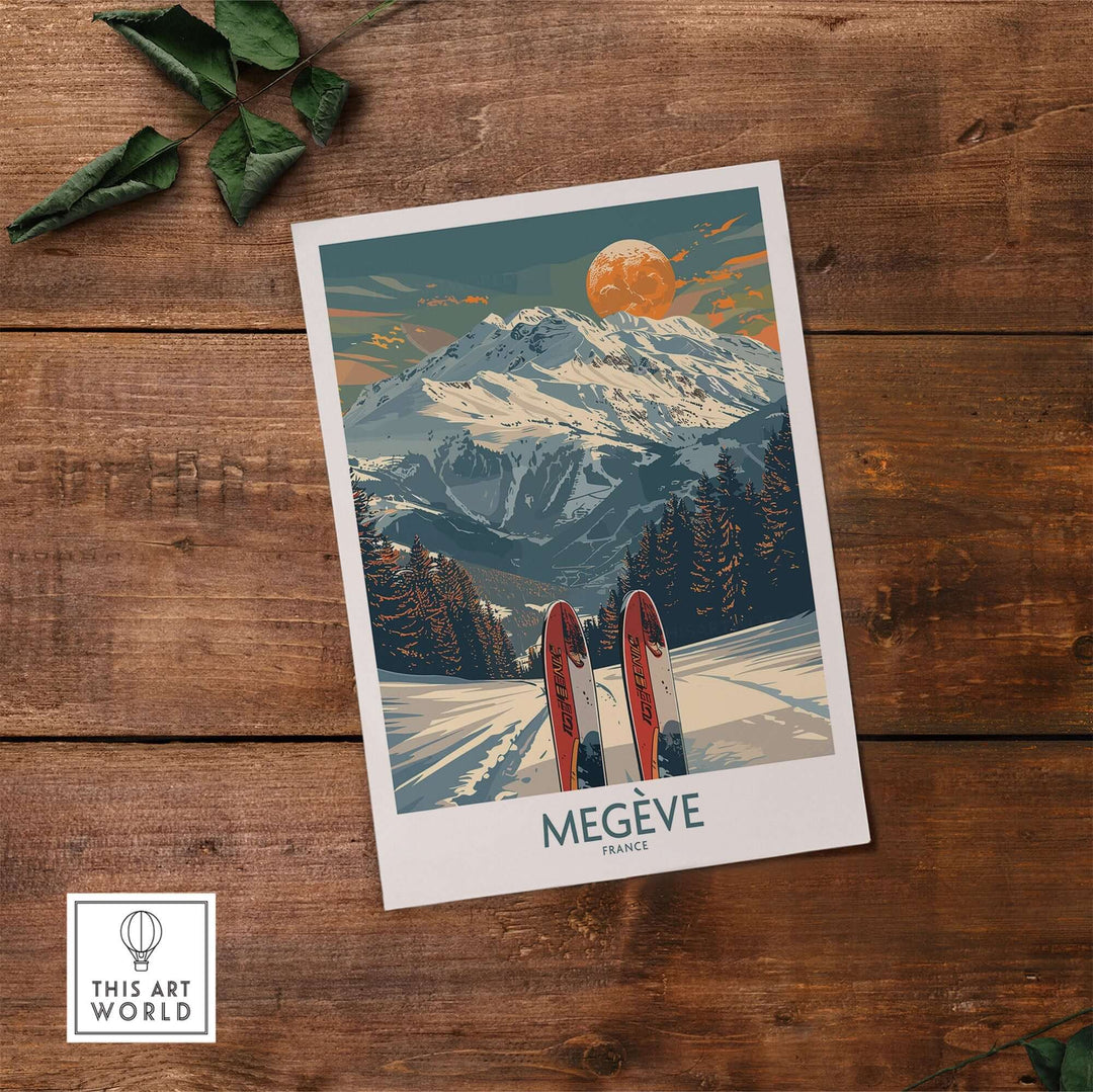 Megève ski print showcasing the French Alps with skis on snow, vibrant colors and retro design, perfect for home decor.