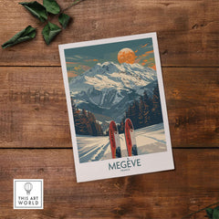 Megève ski print showcasing the French Alps with skis on snow, vibrant colors and retro design, perfect for home decor.