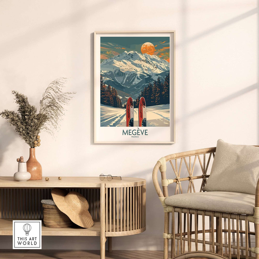 Megève ski print featuring snow-capped mountains and skis in a stylish home setting, perfect for alpine decor.