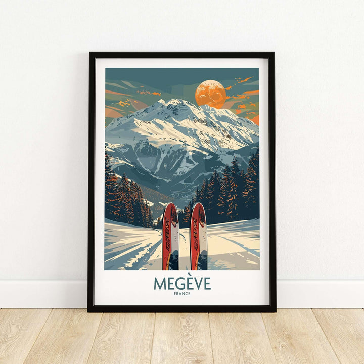 Megève ski print showcasing French Alps with skis and a scenic mountain backdrop, perfect for home decor.