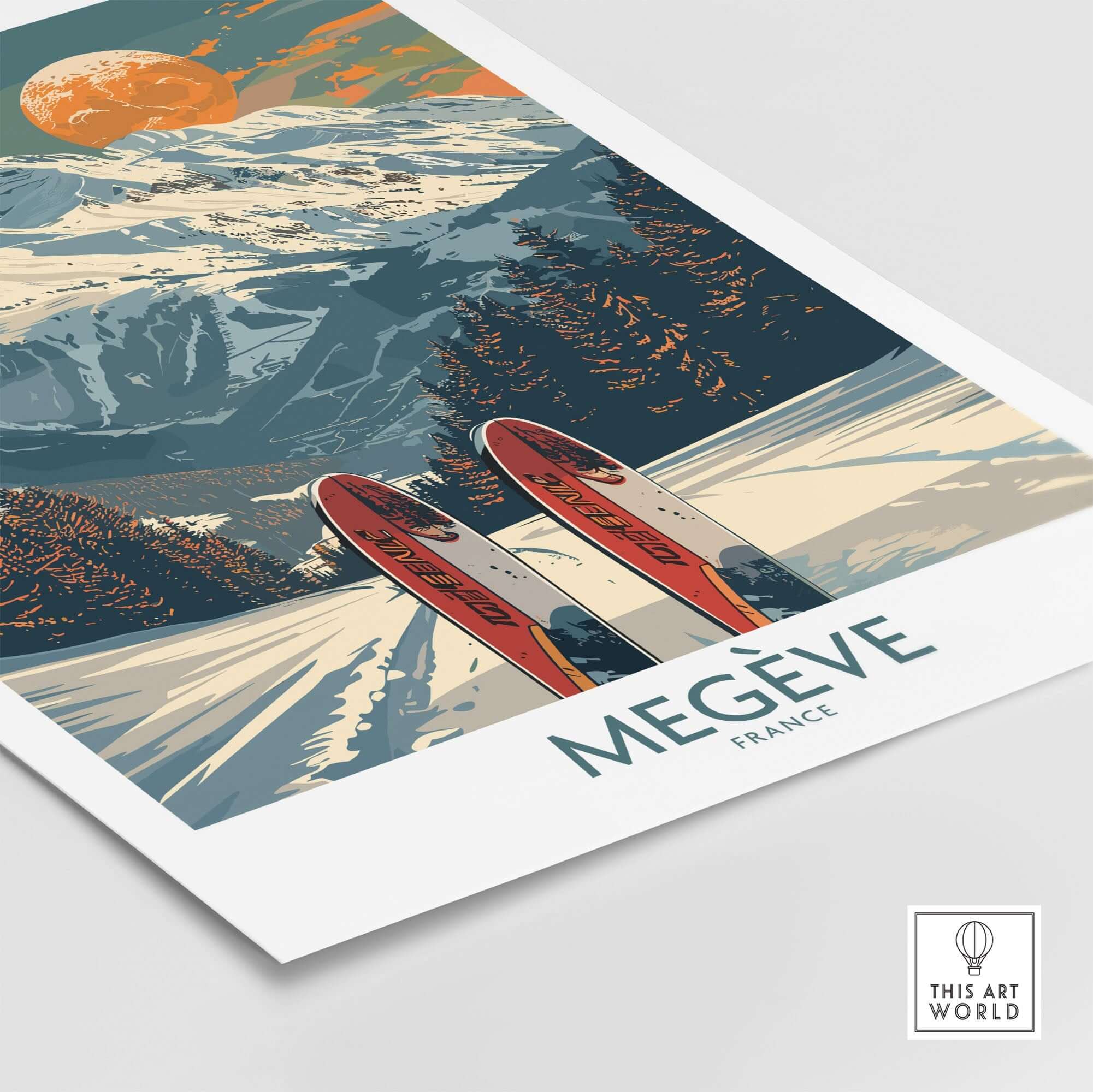 Megève ski print featuring vibrant mountains and skis in the French Alps, showcasing the charm of winter sports.