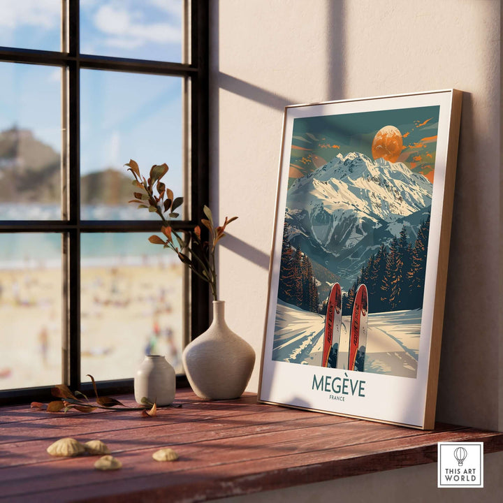 Megève Ski Print showing French Alps, framed decor with skis, vibrant colors, and mountain scenery in a cozy interior setting.