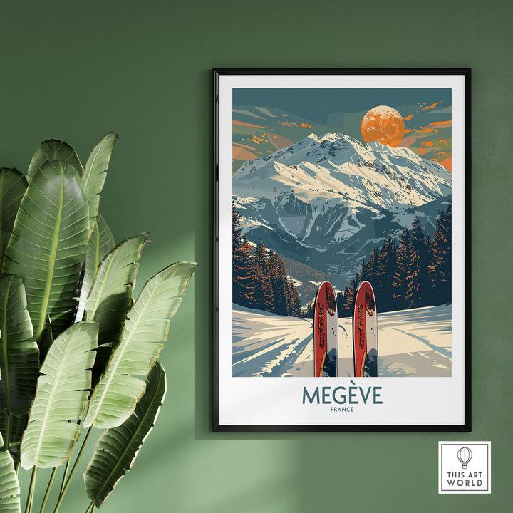 Megève ski print showcasing snow-capped mountains and skis, perfect for enhancing home decor with alpine charm.