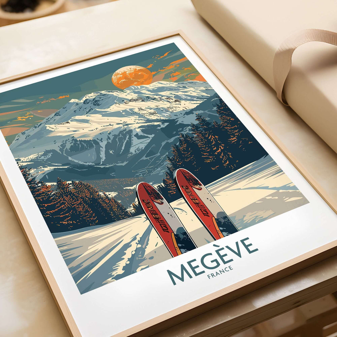 Megève ski print featuring red skis and French Alps scenery, framed for home decor, showcasing winter charm.