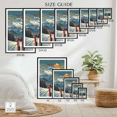 Size guide for Megève travel poster showcasing various frame sizes in a cozy home setting.