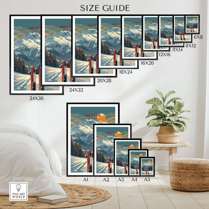 Size guide for Megève travel poster showcasing various frame sizes in a cozy home setting.