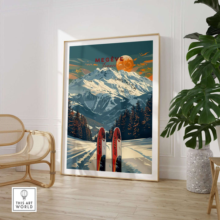 Megève travel poster showcasing snow-capped mountains and ski equipment in a cozy interior setting.