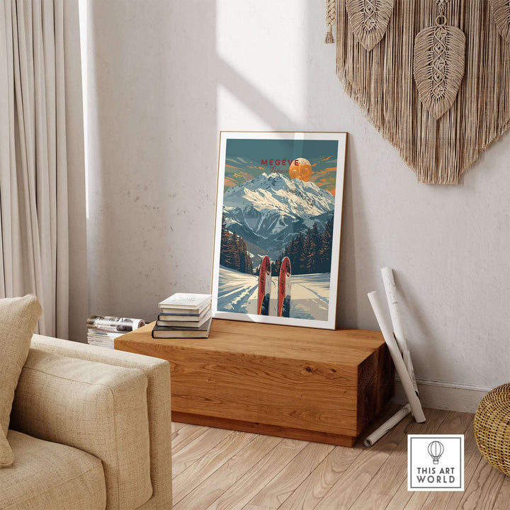 Megève travel poster featuring snowy Alps and vibrant sunset, displayed in a cozy interior setting with wooden decor.