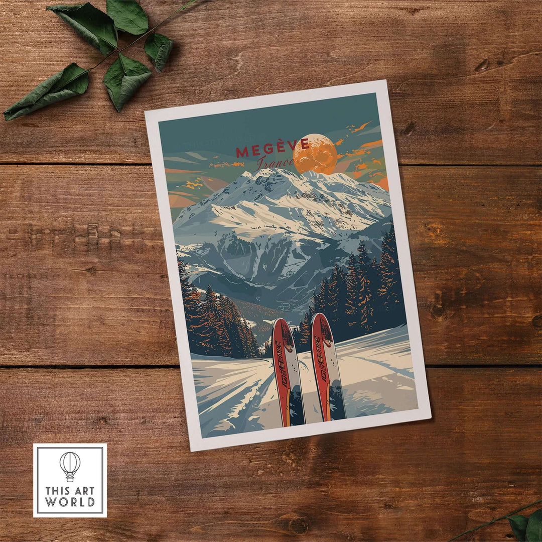 Megève travel poster featuring snowy mountains and skis, showcasing the charm of the French Alps.