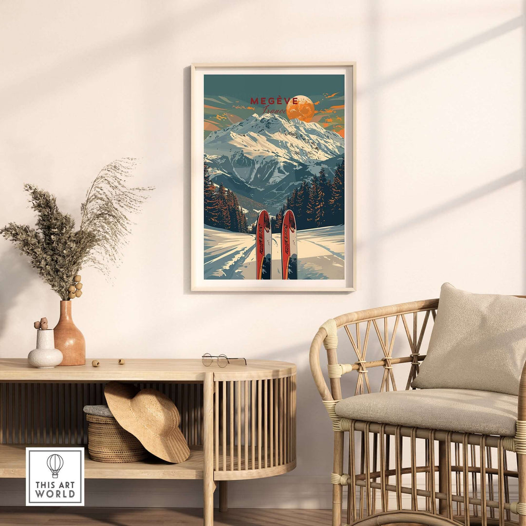 Megève travel poster featuring snowy mountains and skis, showcasing the beauty of the French Alps in a cozy living room setting.