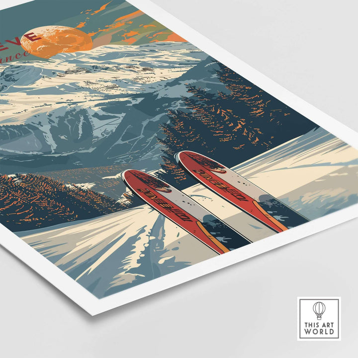 Megève travel poster featuring ski equipment, snow-covered mountains, and a vibrant sunset in the French Alps.