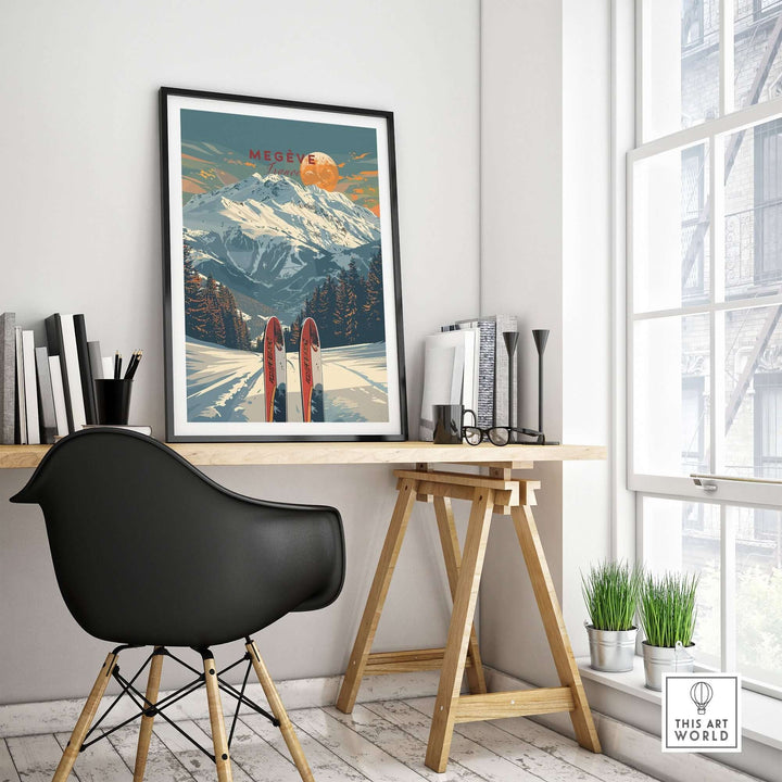 Megève travel poster featuring snow-capped mountains and skis, adding a stylish touch to a modern workspace.