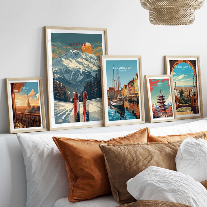 Megève travel poster among framed artworks showcasing ski resorts and vibrant cityscapes, enhancing home decor.