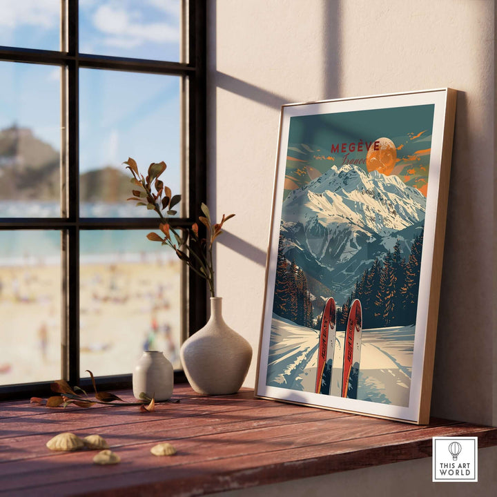 Megève travel poster featuring snow-capped mountains and skis, displayed in a bright room with a scenic view.