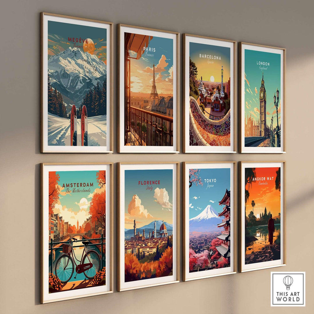 Vintage travel posters featuring cities like Megève, Paris, Barcelona, and Tokyo, beautifully framed on a wall.