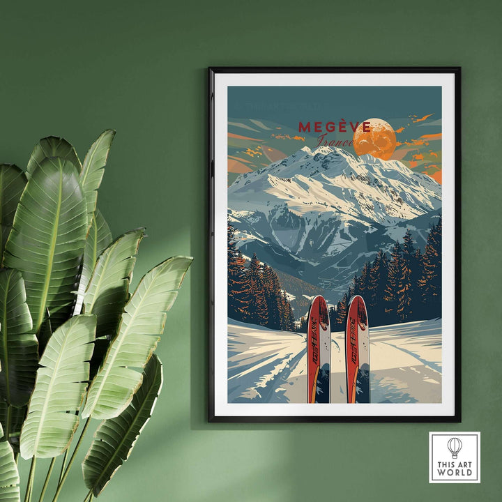 Megève travel poster featuring snowy mountains and skis, framed art highlighting the beauty of the French Alps.