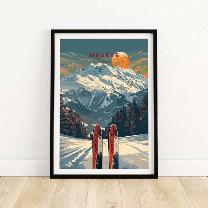 Megève travel poster featuring snow-capped mountains, skis, and a vibrant sunset in the French Alps.