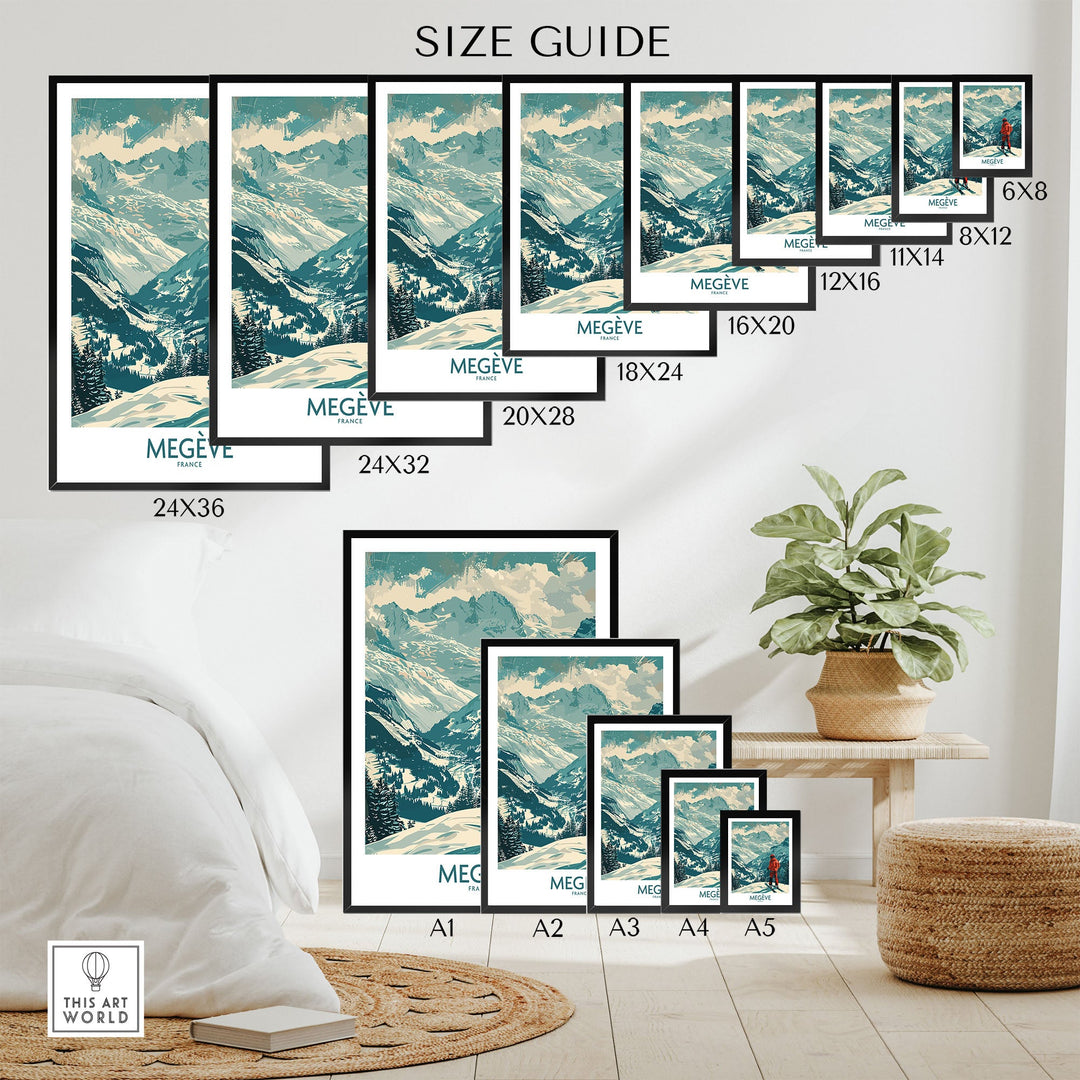 Megève Wall Art Ski Poster Size Guide - Decorative France Mountainscape Prints for Home Decor