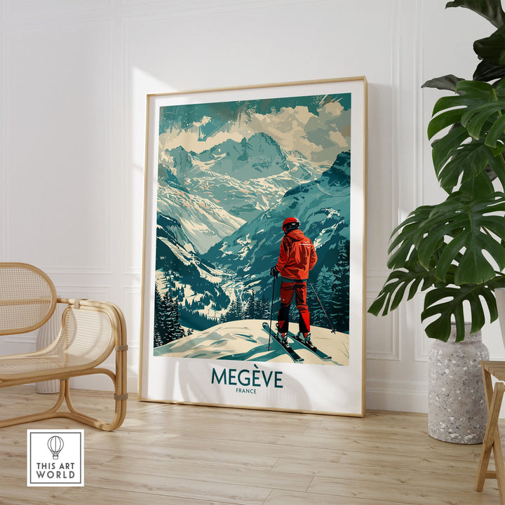 Ski Poster of Megève France with skier and mountain view, perfect wall art for winter sports enthusiasts, home decor.