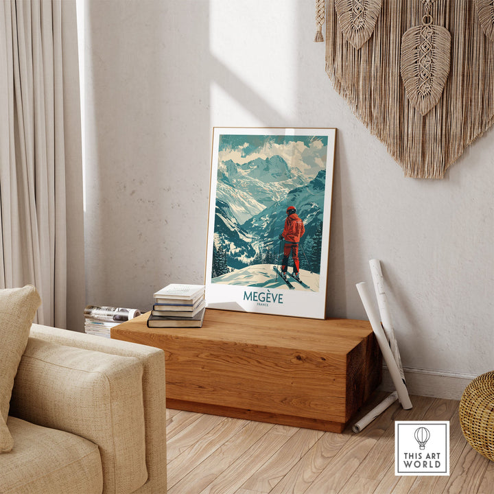 Ski poster of Megève, France, featuring a skier in a red jacket with mountain scenery, elegantly displayed in a cozy living room setting.