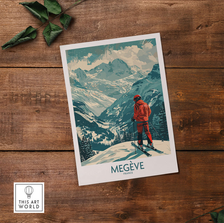 Megève France ski poster wall art featuring a skier with mountainous landscape on wooden background.