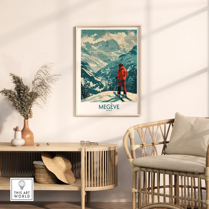 Vintage Megève ski poster wall art showcasing a skier with mountains in the background, perfect for enhancing your living space decor.