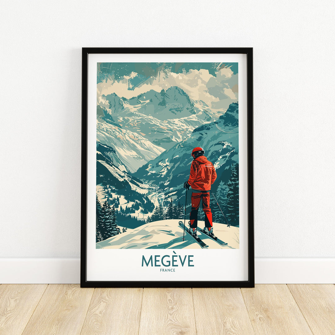 Vintage Megève ski poster featuring a skier overlooking snow-capped mountains, ideal wall art for winter sports enthusiasts.