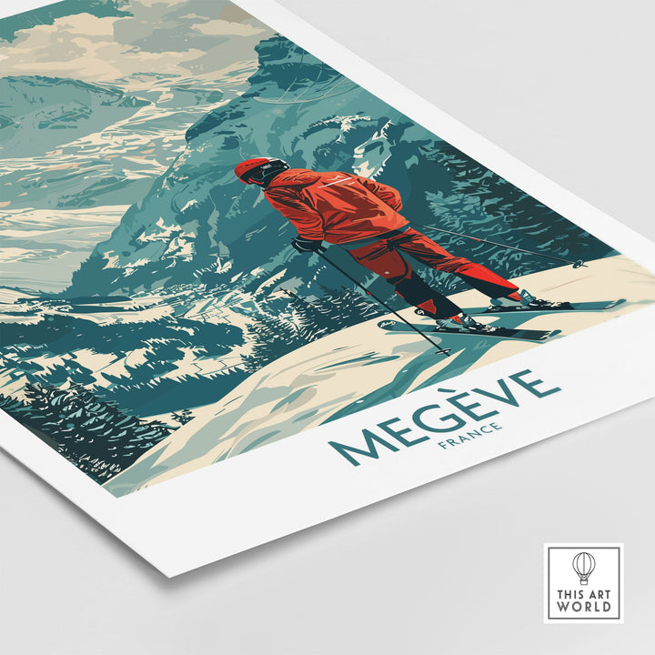 Ski Poster of Megève, France featuring a skier on a snowy mountain, perfect wall art for alpine sports enthusiasts.